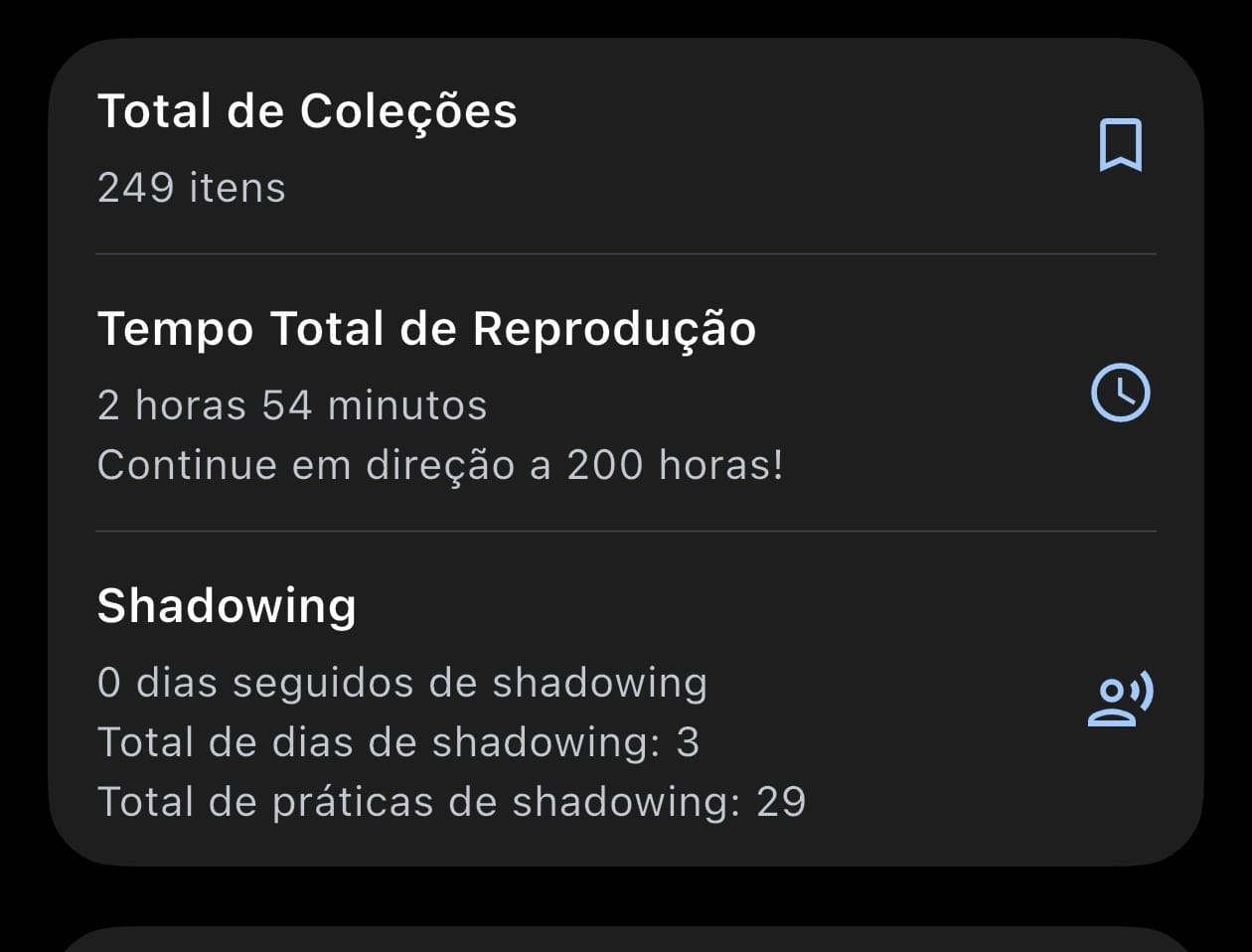 Estatísticas de Shadow na página da conta