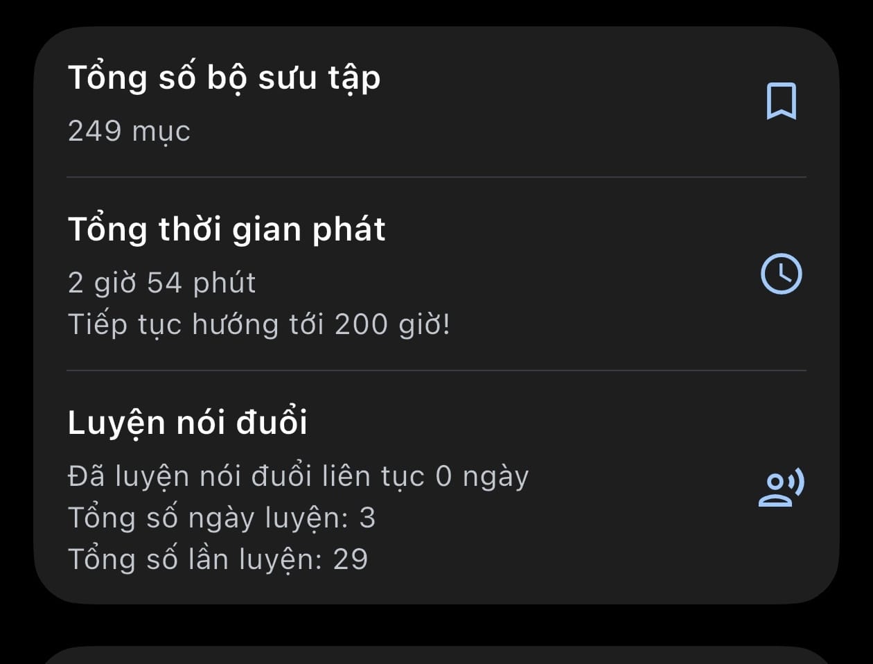 Thống kê Nói đuổi trong trang Tài khoản
